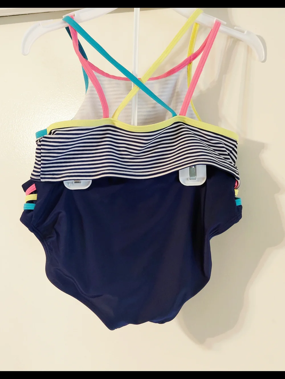 Cat & Jack Navy Striped Bikini with Neon Pink Navy Teal Yellow Trim